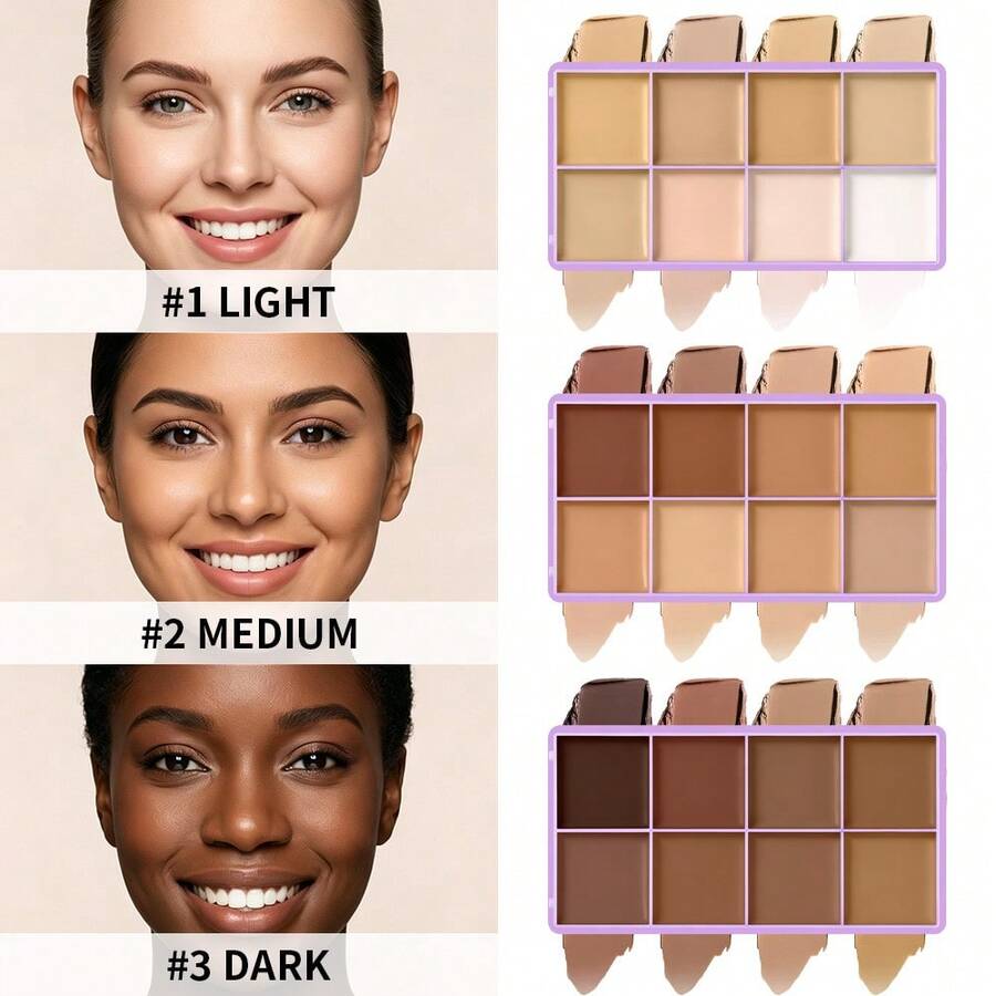 8-Color Concealer Palette, Full Coverage Waterproof Contour & Highlighter Makeup Palette, Moisturizing & Easy-To-Blend Face Concealer Suitable For Dullness, Acne And Blemishes, Long-Lasting Matte Finish