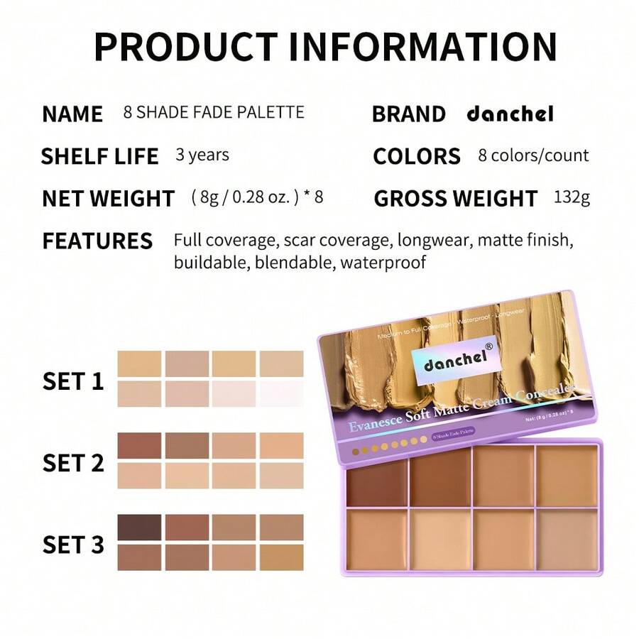 8-Color Concealer Palette, Full Coverage Waterproof Contour & Highlighter Makeup Palette, Moisturizing & Easy-To-Blend Face Concealer Suitable For Dullness, Acne And Blemishes, Long-Lasting Matte Finish